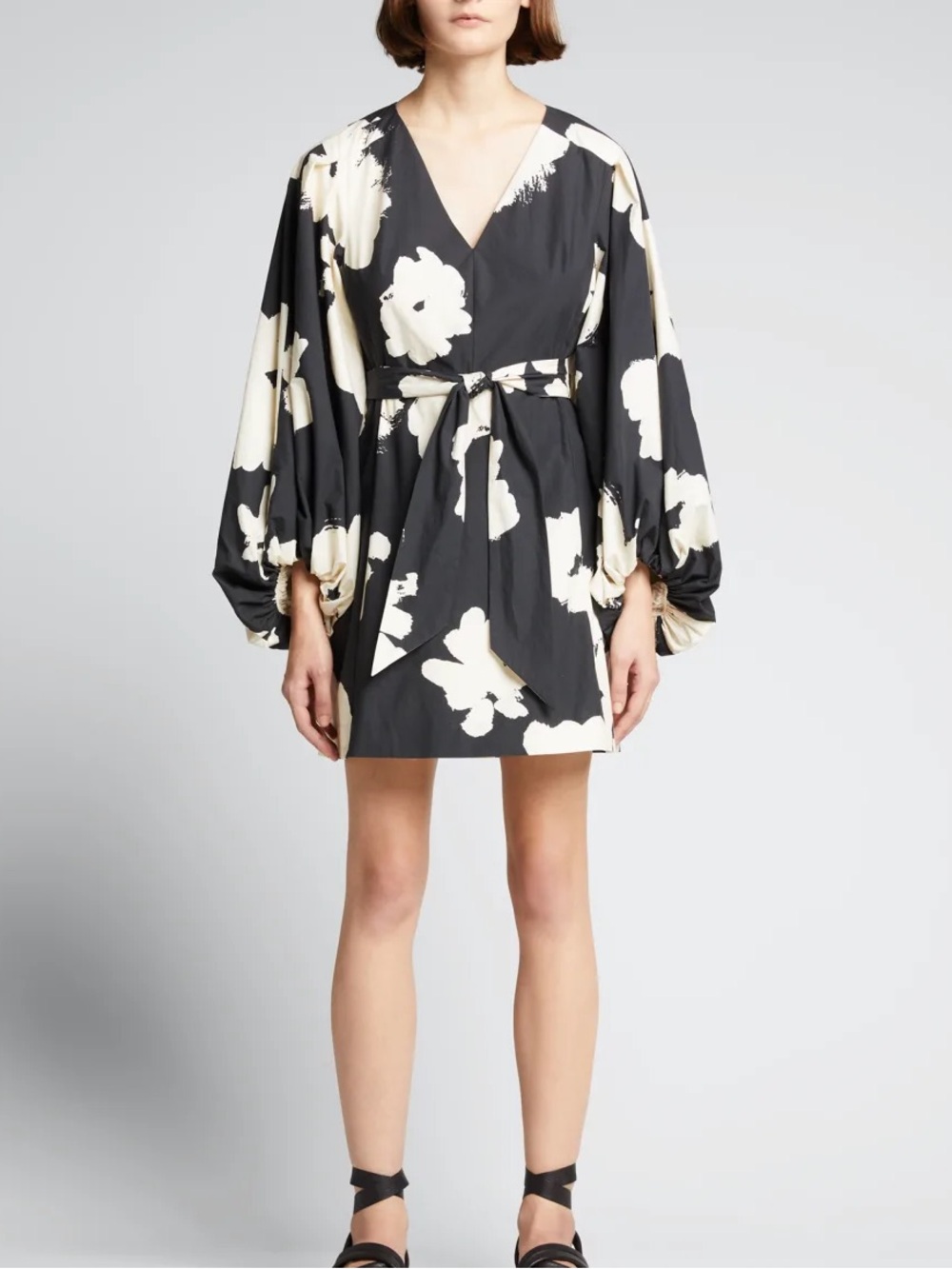 Tanya Taylor Loretta balloon sleeve black and white floral mini dress, size 0